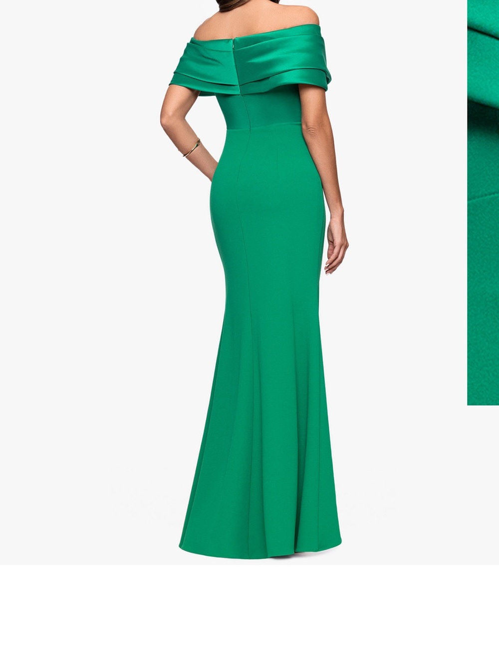 Betsy & Adam Off-Shoulder Emerald Green Column Gown - Picture 3 of 10